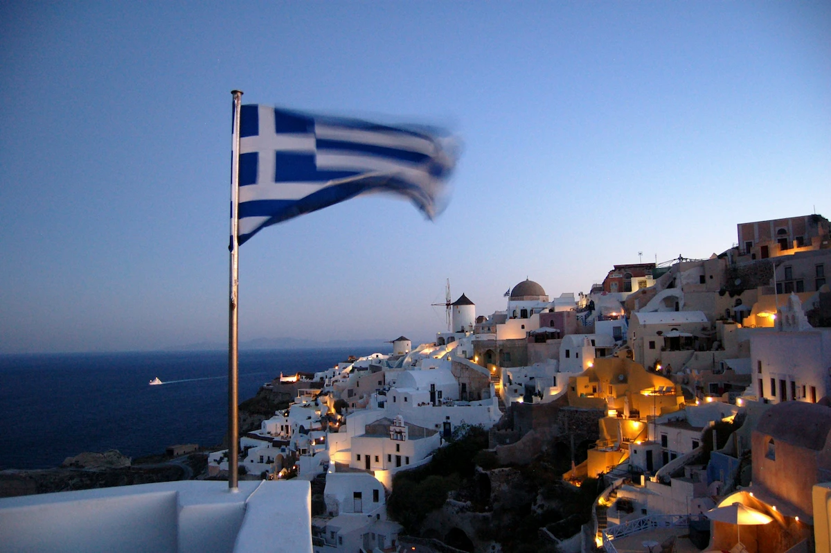 Panoramic view of a village in the Greek Islands.