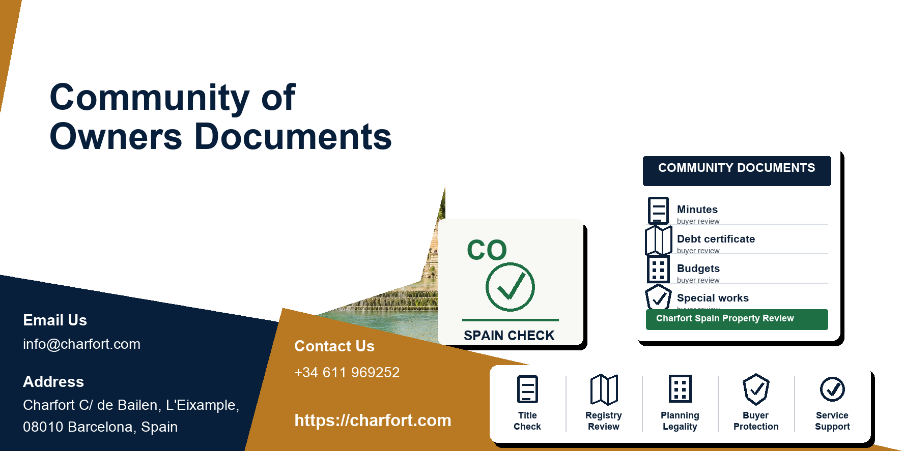 Community of owners documents in Spain featured image with apartment building, meeting minutes and buyer checklist