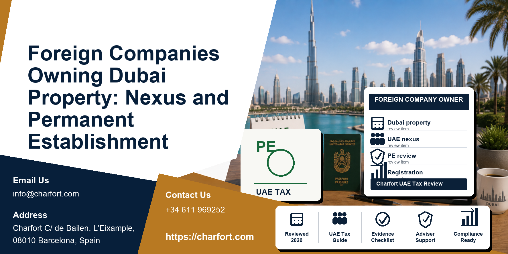 Foreign companies owning Dubai property featured image with global corporate documents, Dubai tower, and title deed