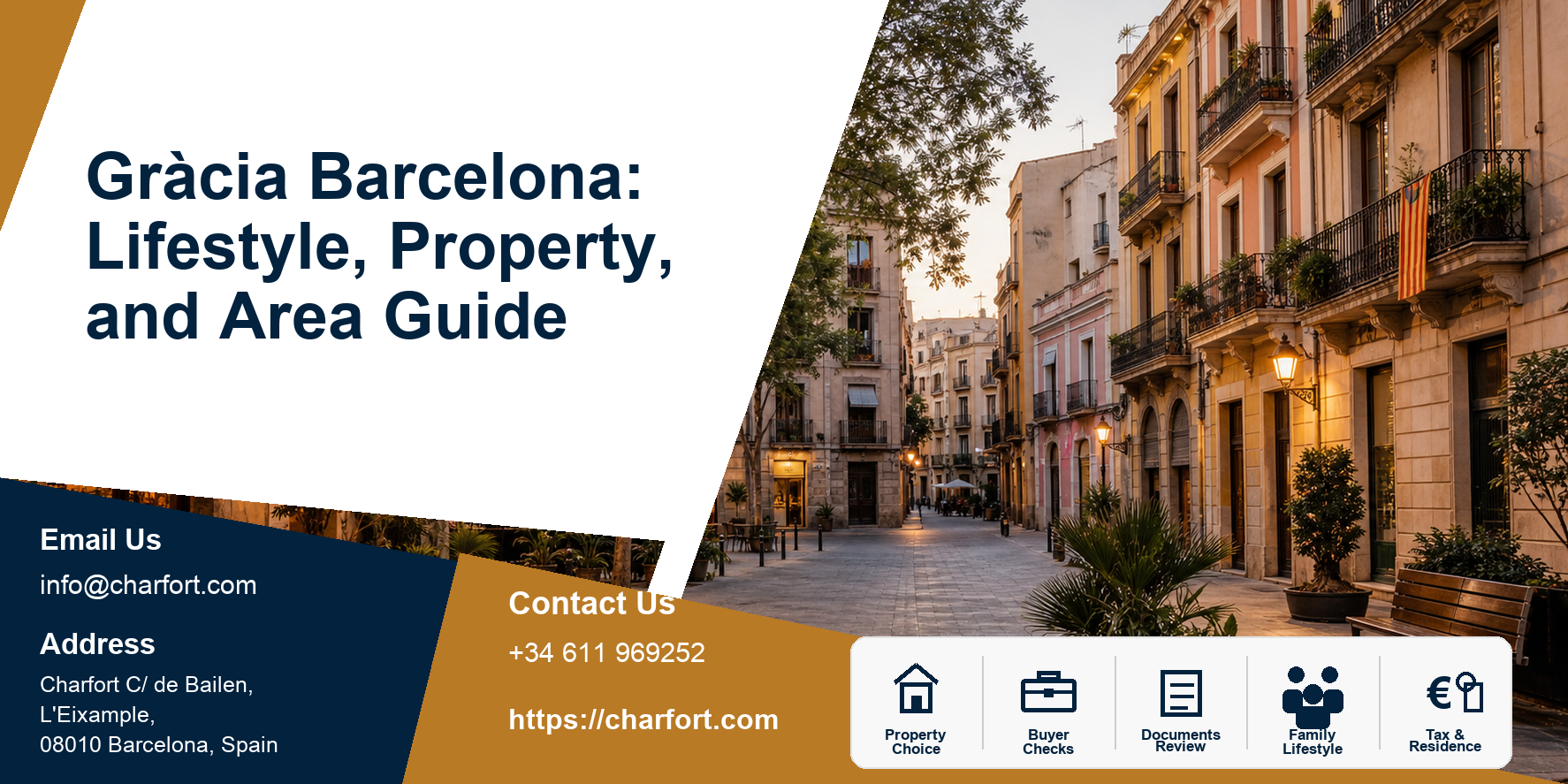 Gràcia Barcelona: Lifestyle, Property, and Area Guide featured image with Barcelona district property background