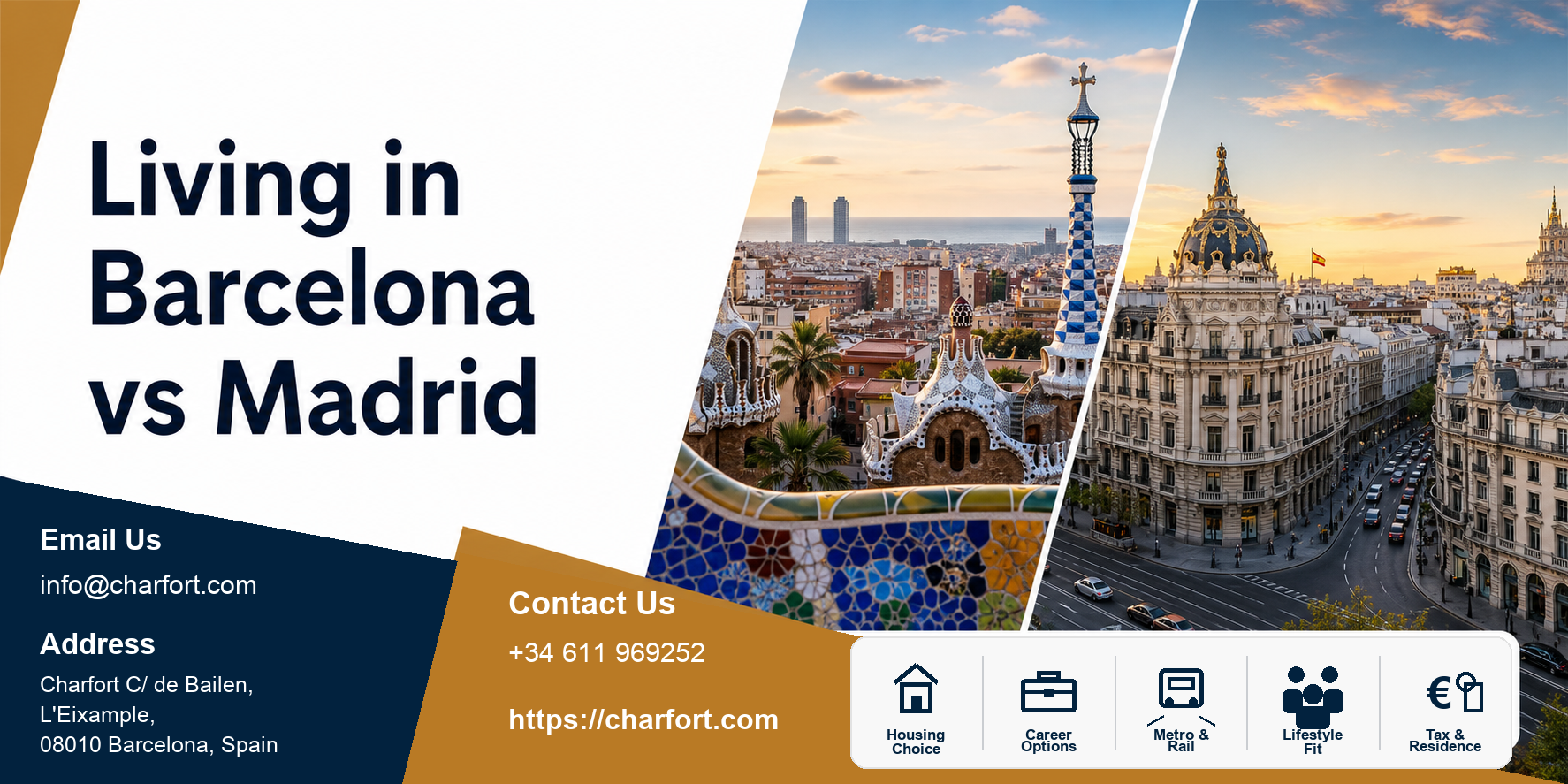 Living in Barcelona vs Madrid featured image with Barcelona and Madrid city backgrounds