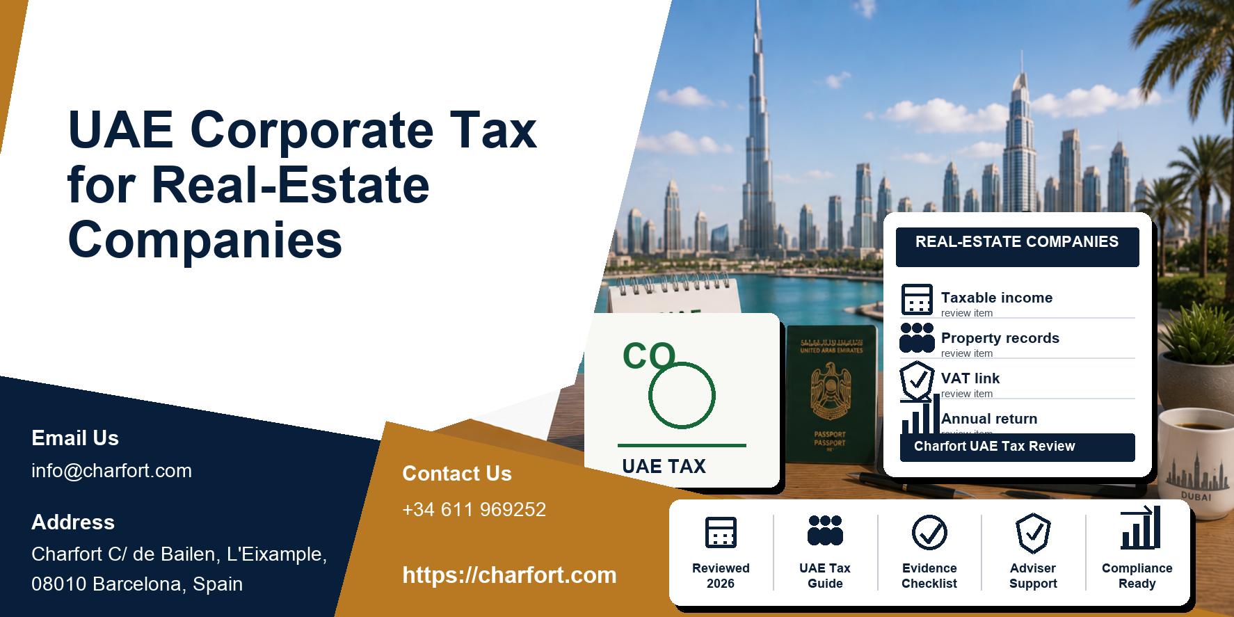 UAE Corporate Tax for real-estate companies featured image with Dubai property portfolio, office desk, and tax filings