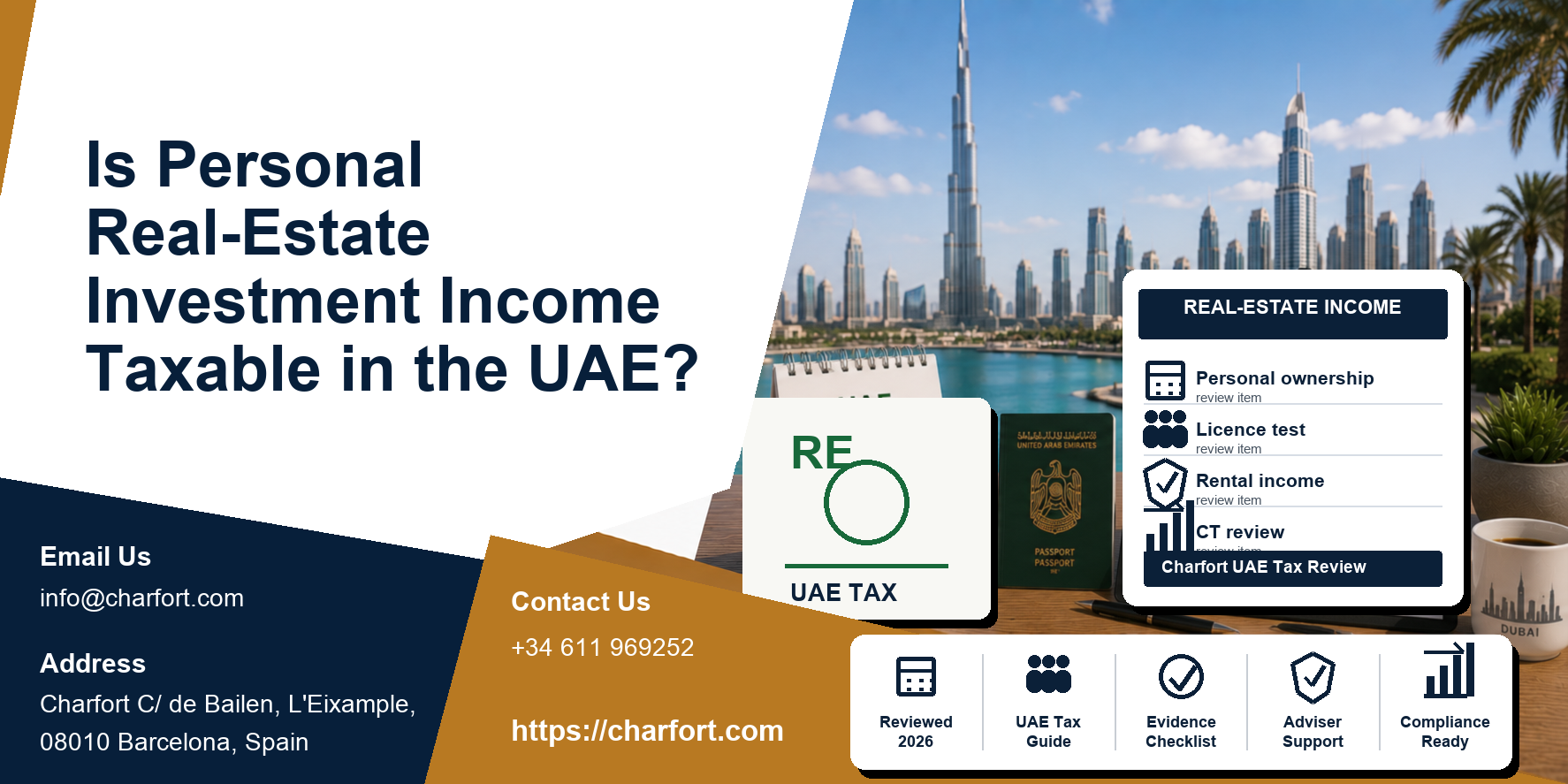 Personal real estate investment income in the UAE featured image with Dubai apartment, keys, rental contract, and tax files