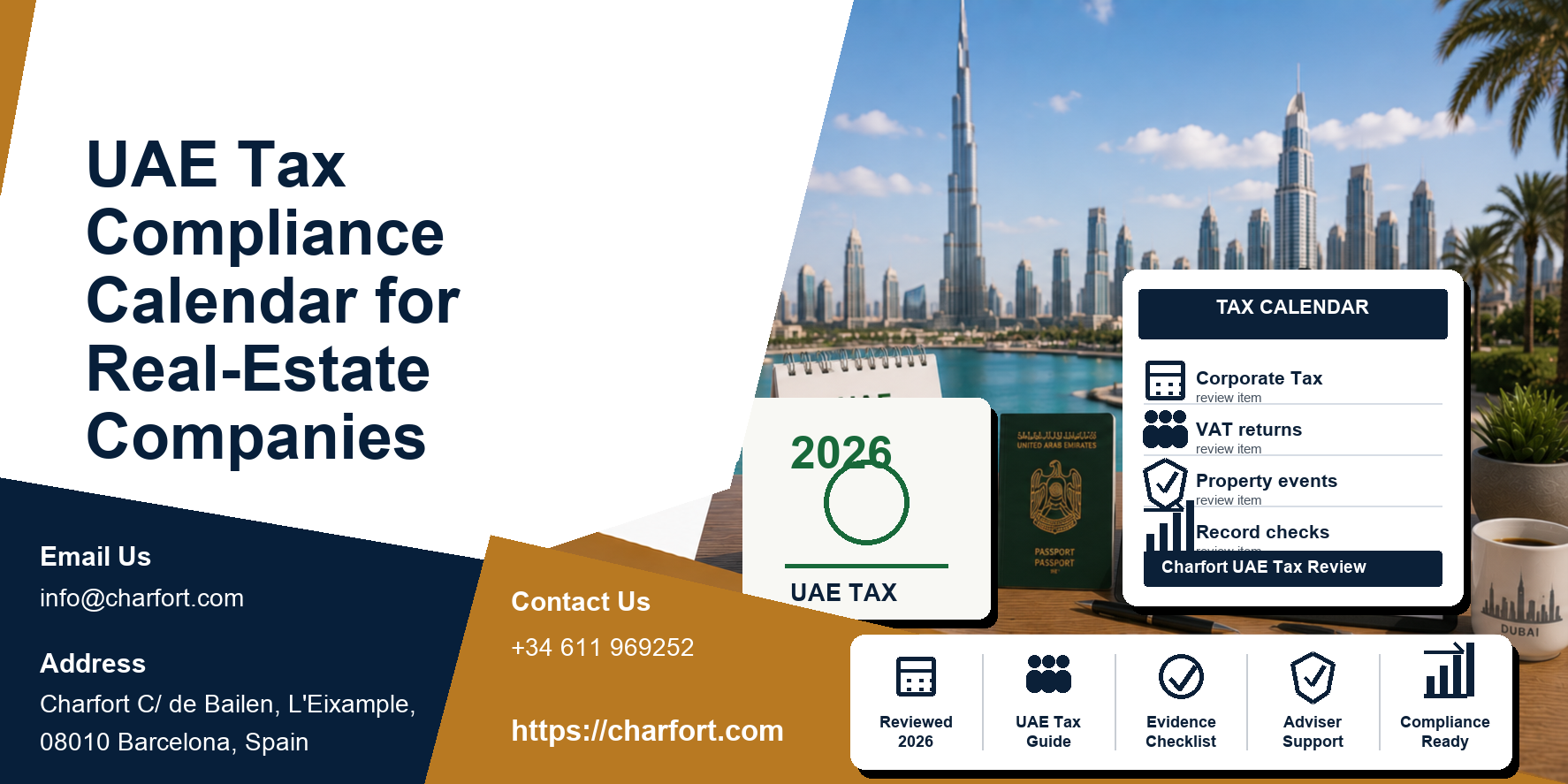 UAE tax compliance calendar for real-estate companies featured image with Dubai skyline, calendar, VAT and Corporate Tax deadline notes