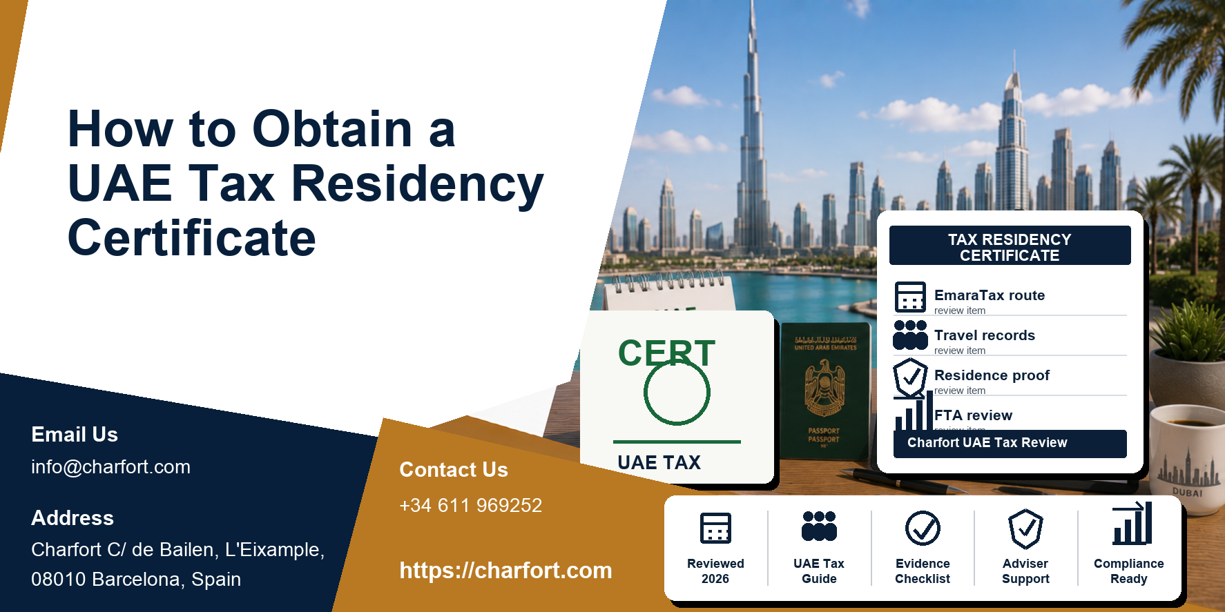 UAE Tax Residency Certificate featured image with Dubai office desk, certificate document, and official tax portal