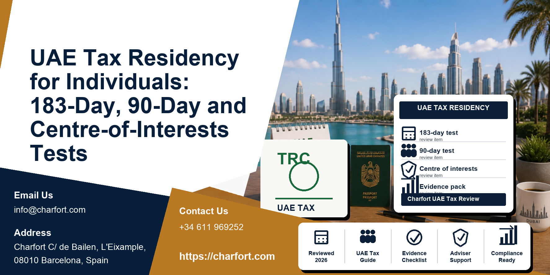 UAE tax residency for individuals featured image with Dubai skyline, passport, calendar, and tax documents