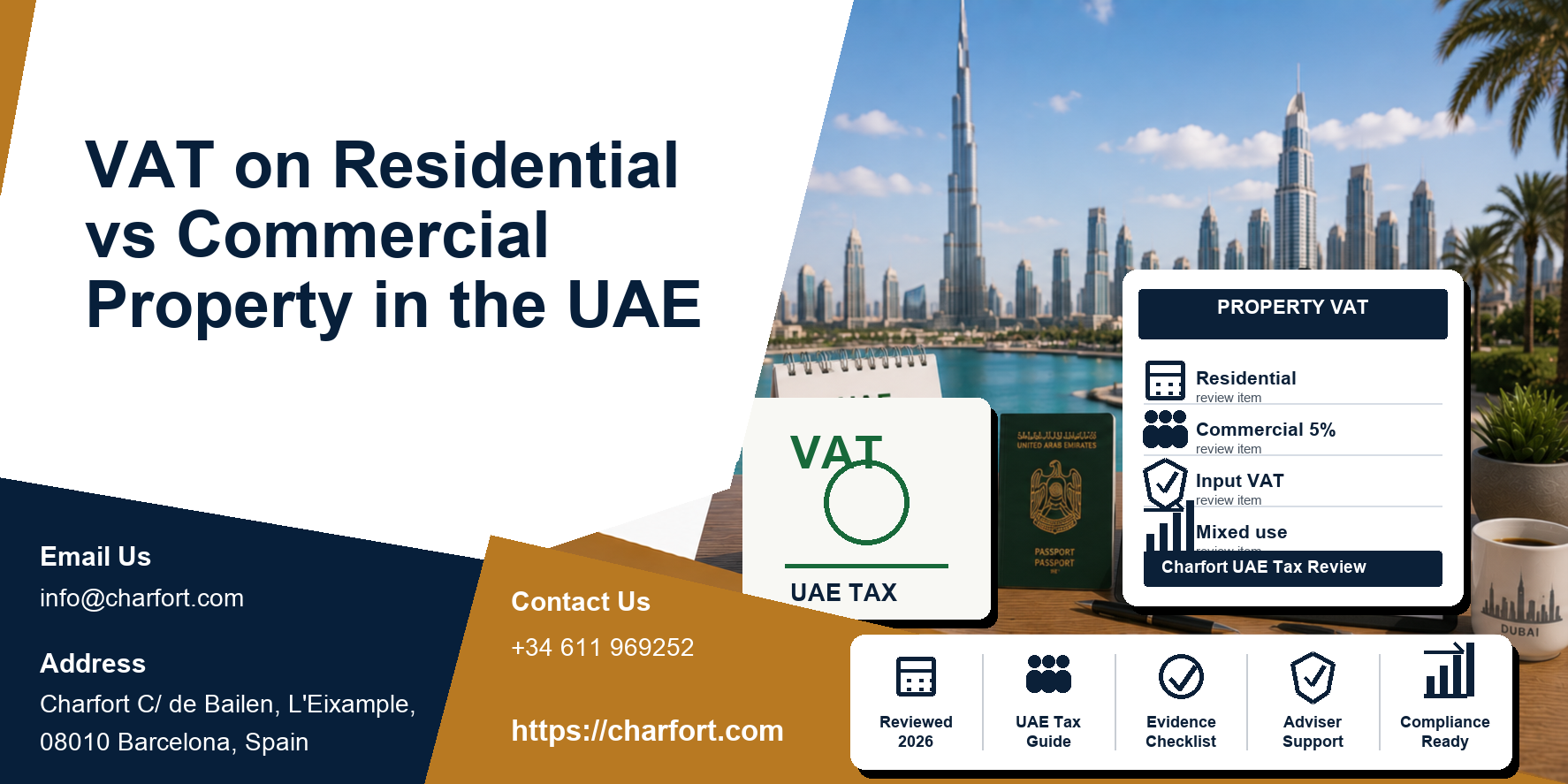 VAT on residential versus commercial property in the UAE featured image with apartment building, office tower, and VAT documents