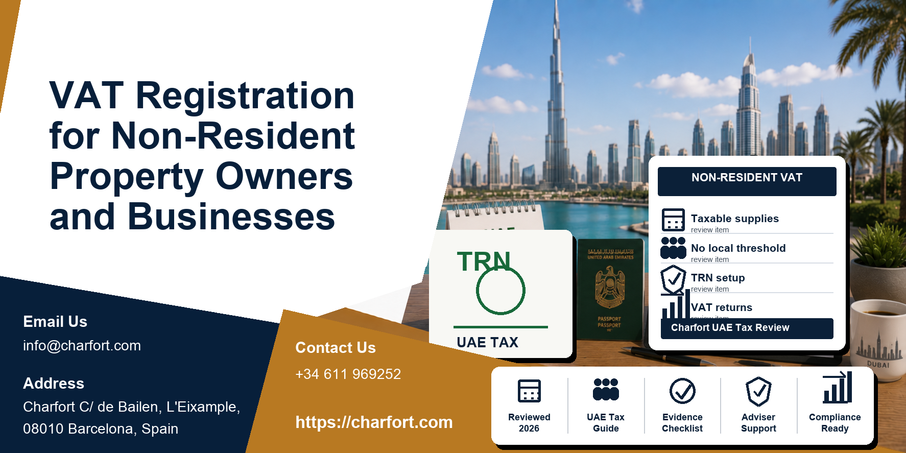 VAT registration for non-resident property owners and businesses featured image with Dubai property documents and online registration form