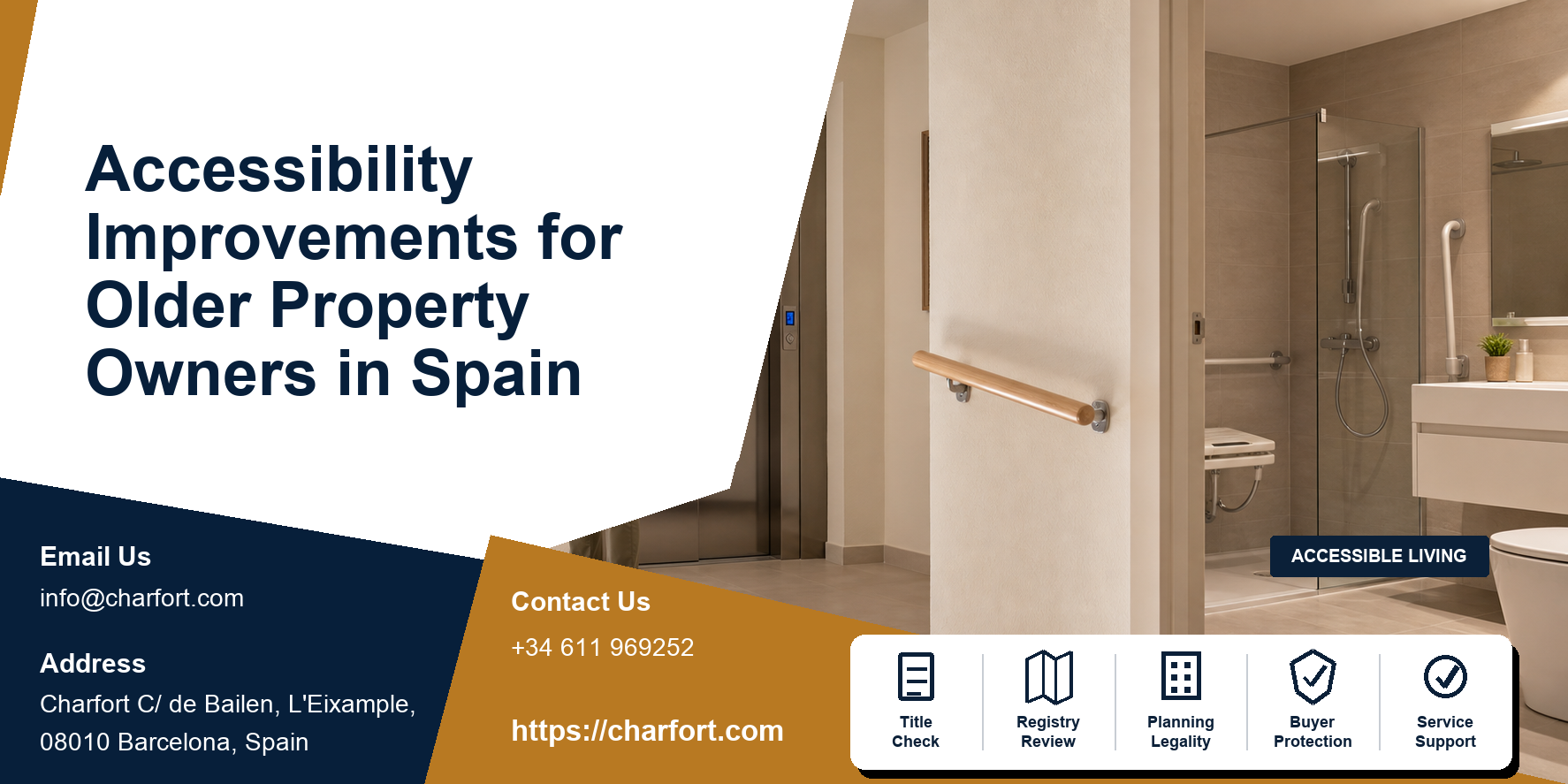 Accessible Spanish home with step-free entrance, safe bathroom, handrail, lift and older owner reviewing plans