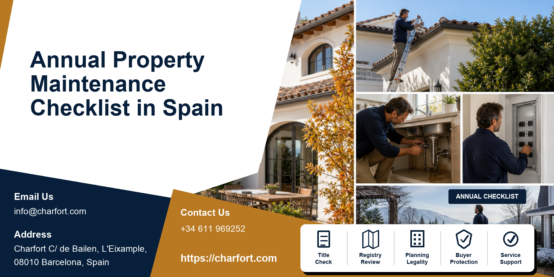Annual property maintenance checklist Spain featured image with four-season calendar, inspection clipboard and Mediterranean house