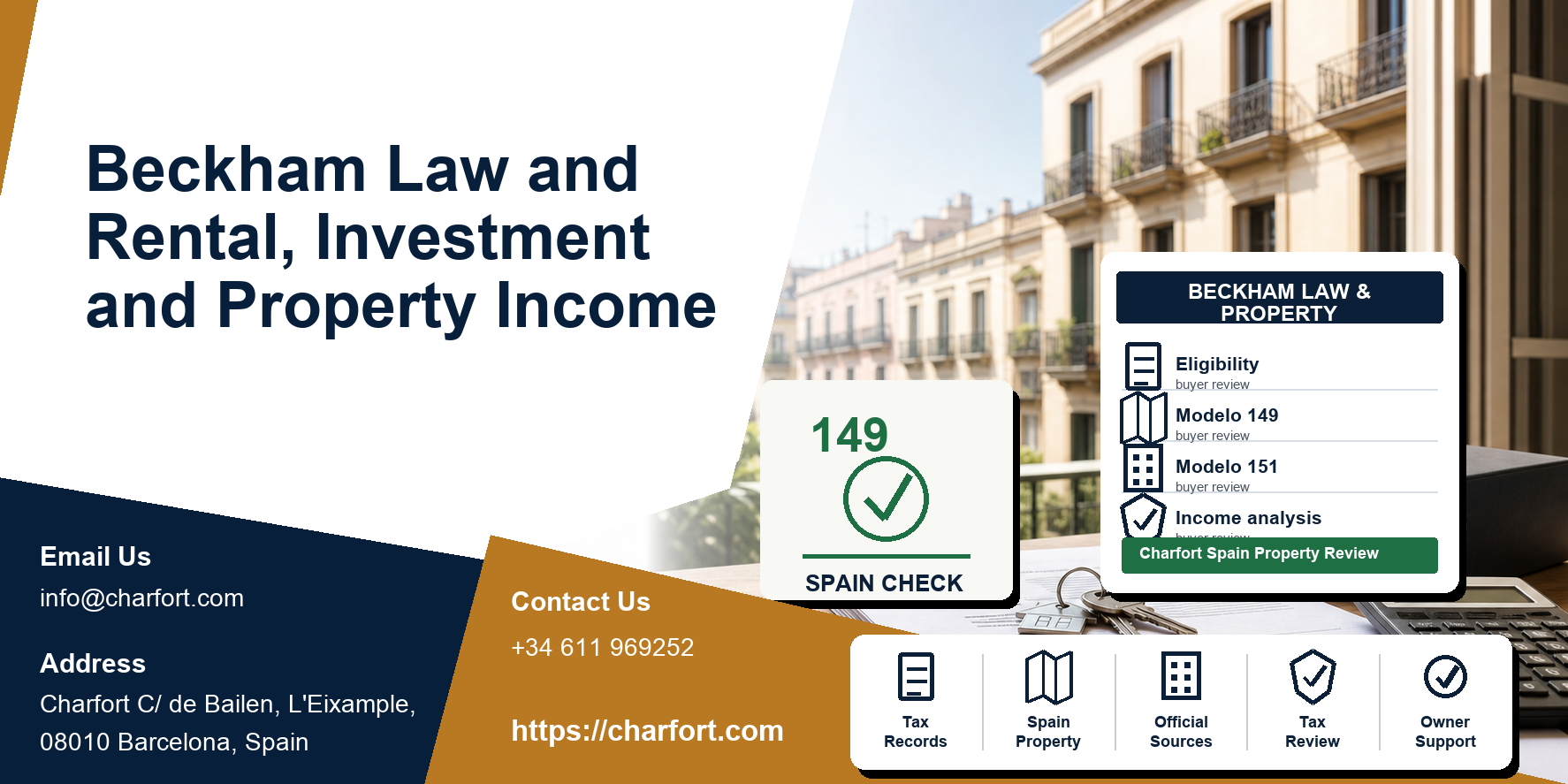 Beckham Law and Rental, Investment and Property Income featured image with Spanish property documents and Barcelona residential background