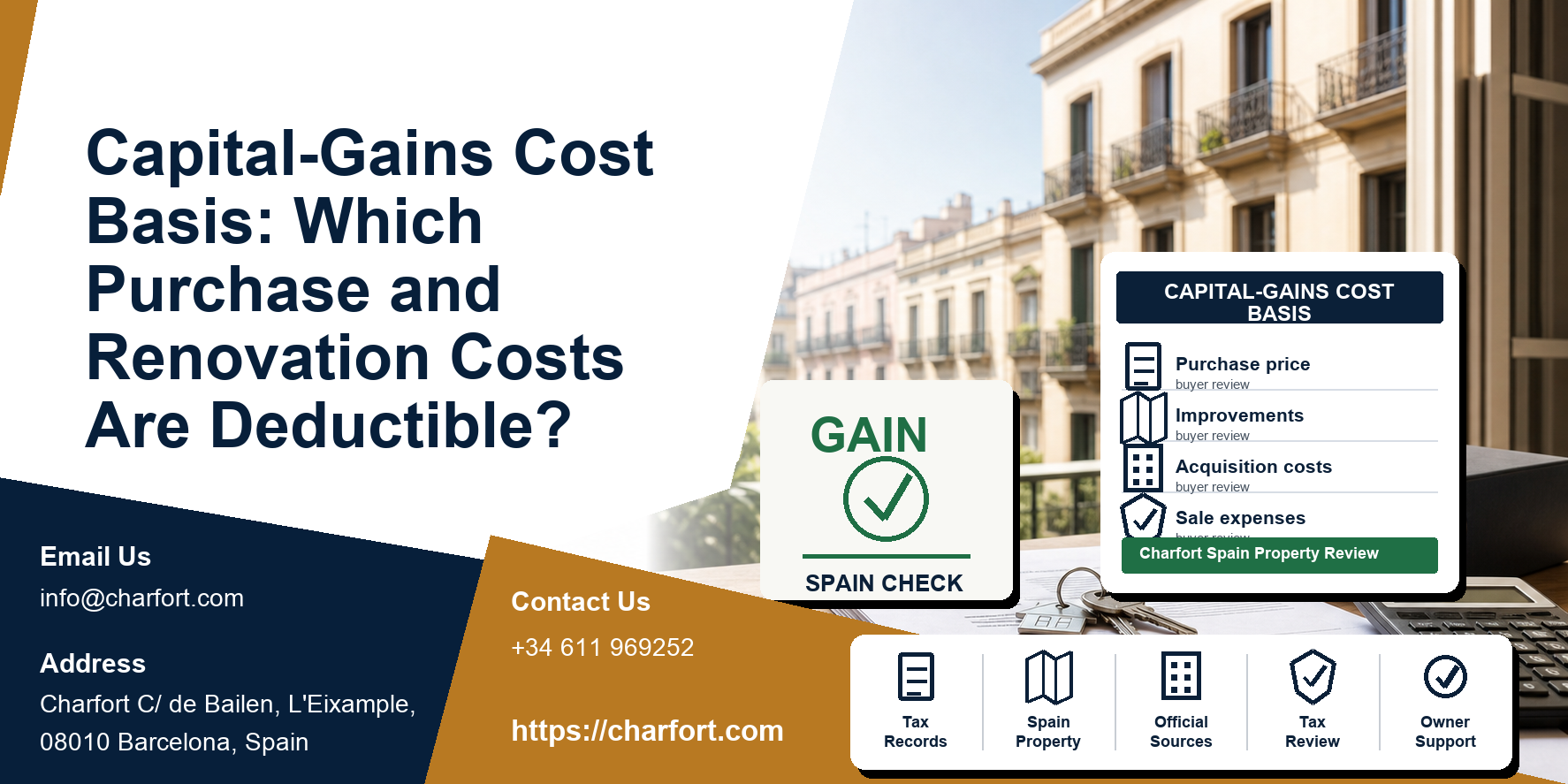 Capital-Gains Cost Basis: Which Purchase and Renovation Costs Are Deductible? featured image with Spanish property documents and Barcelona residential background