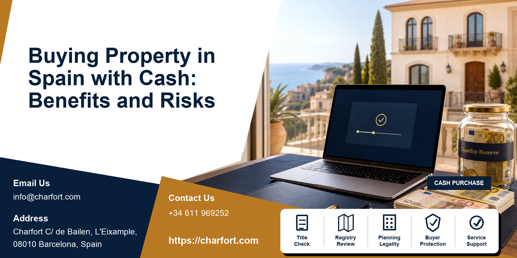 Cash property purchase in Spain featured image with Spanish home, bank transfer, liquidity plan and keys