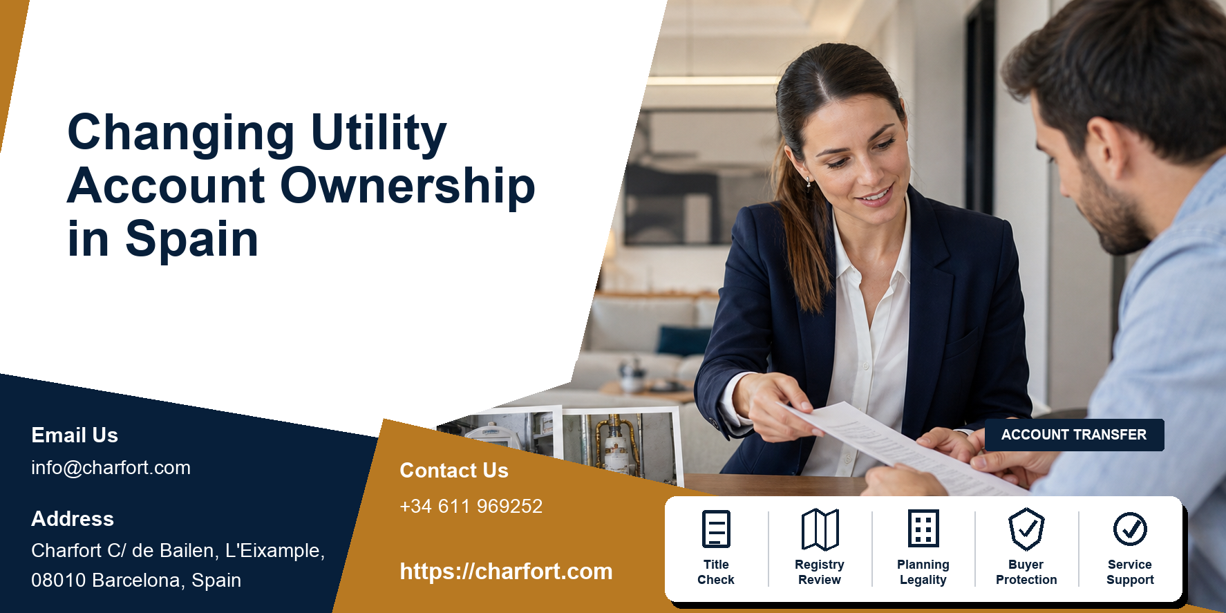 Spanish utility bills changing from seller to buyer with CUPS, meter photos, bank details and first-bill checklist