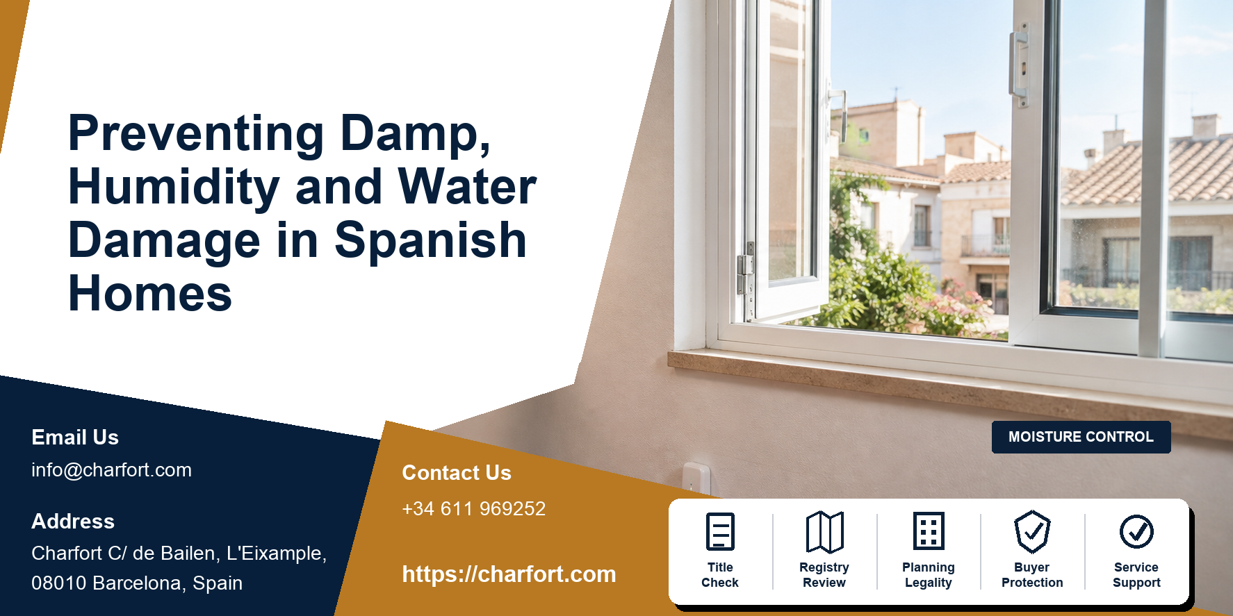 Damp and humidity prevention Spain featured image with moisture meter, ventilation, drainage and coastal apartment