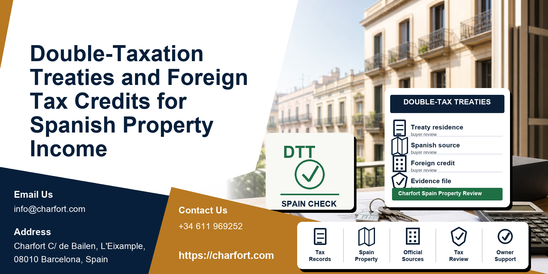 Double-Taxation Treaties and Foreign Tax Credits for Spanish Property Income featured image with Spanish property documents and Barcelona residential background