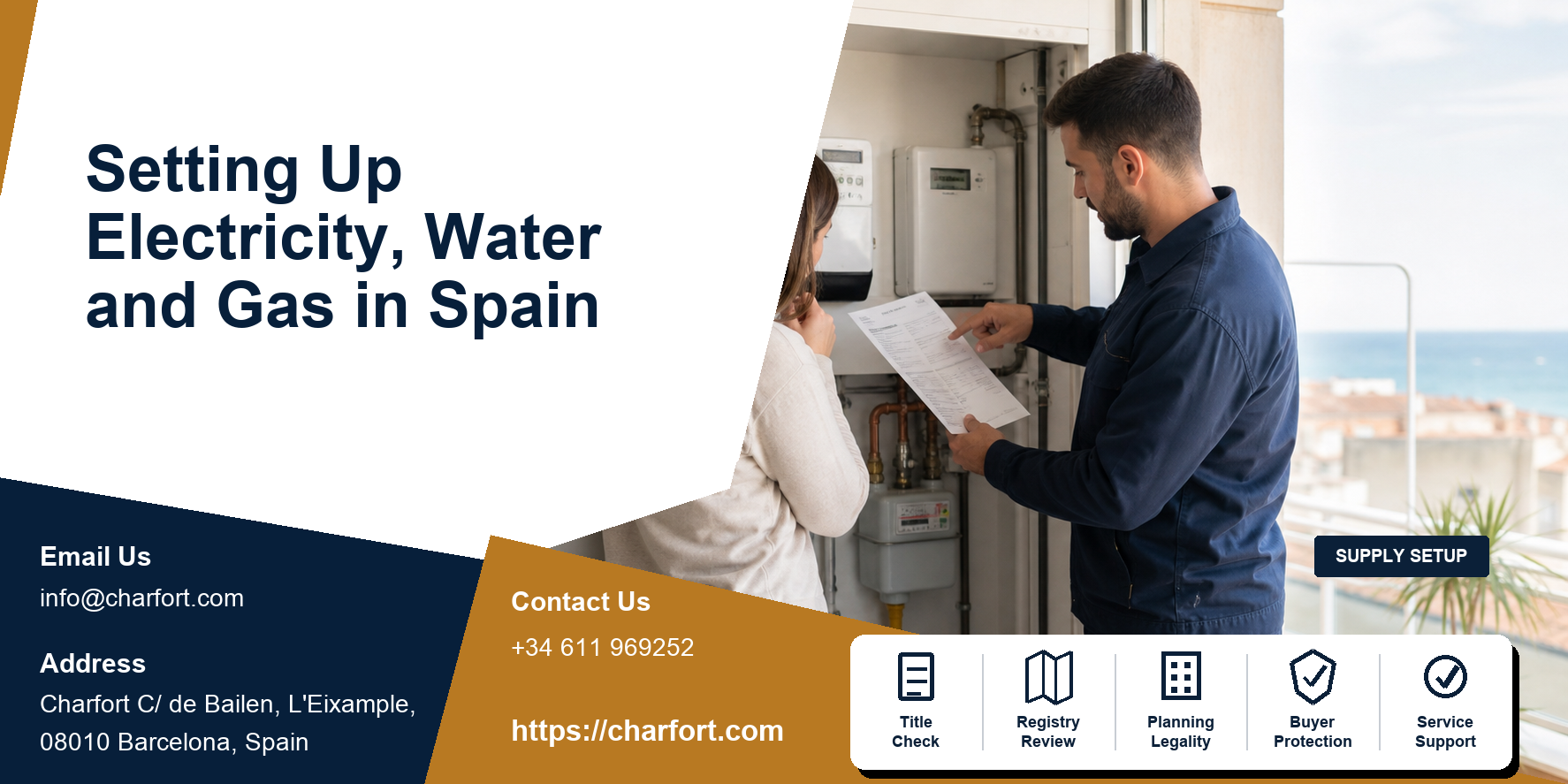 Setting up electricity water and gas Spain featured image with meters, CUPS, utility contracts and Spanish home