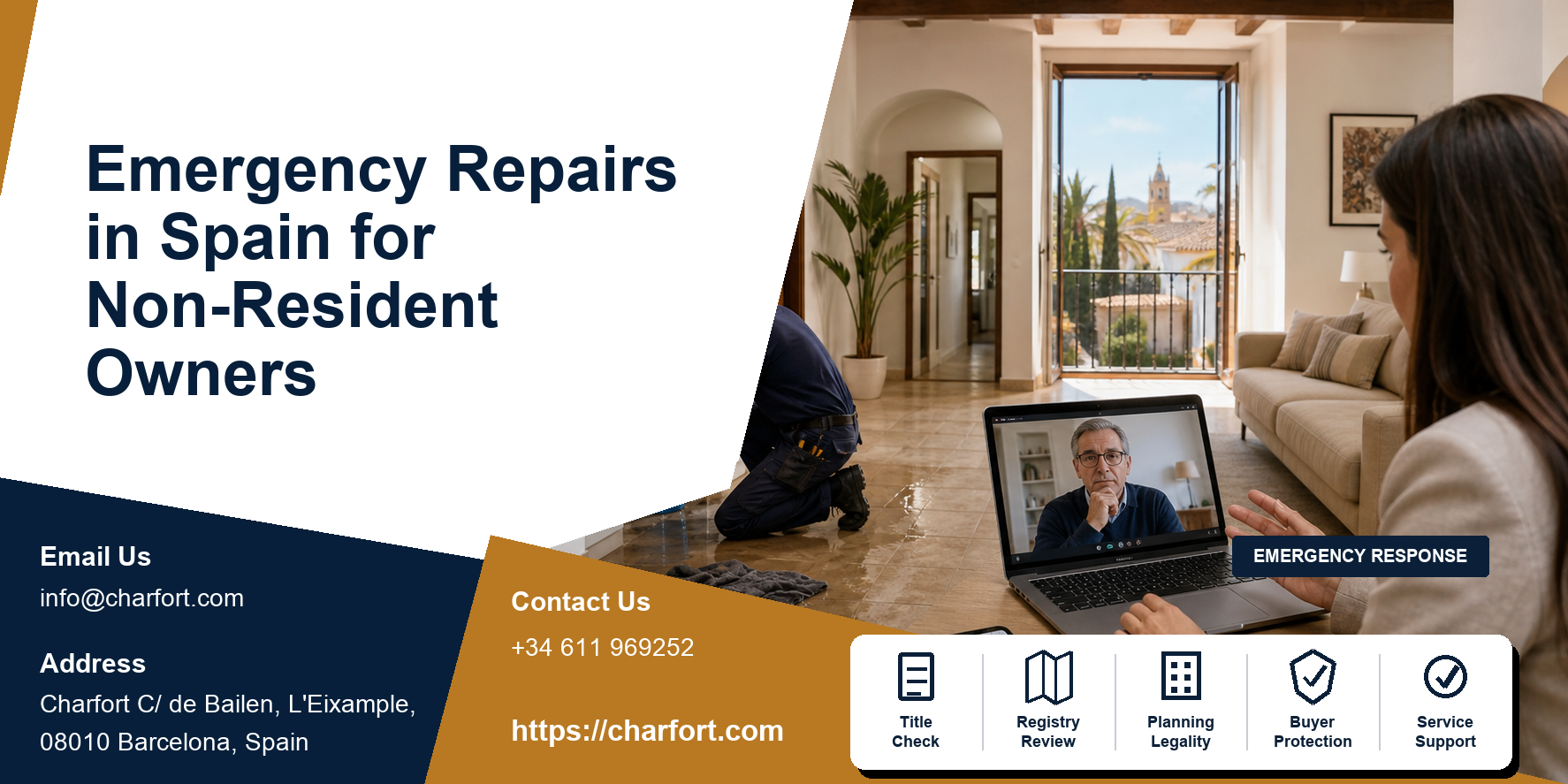 Emergency repairs Spain featured image with leak alert, electrician, local key holder and remote owner response dashboard
