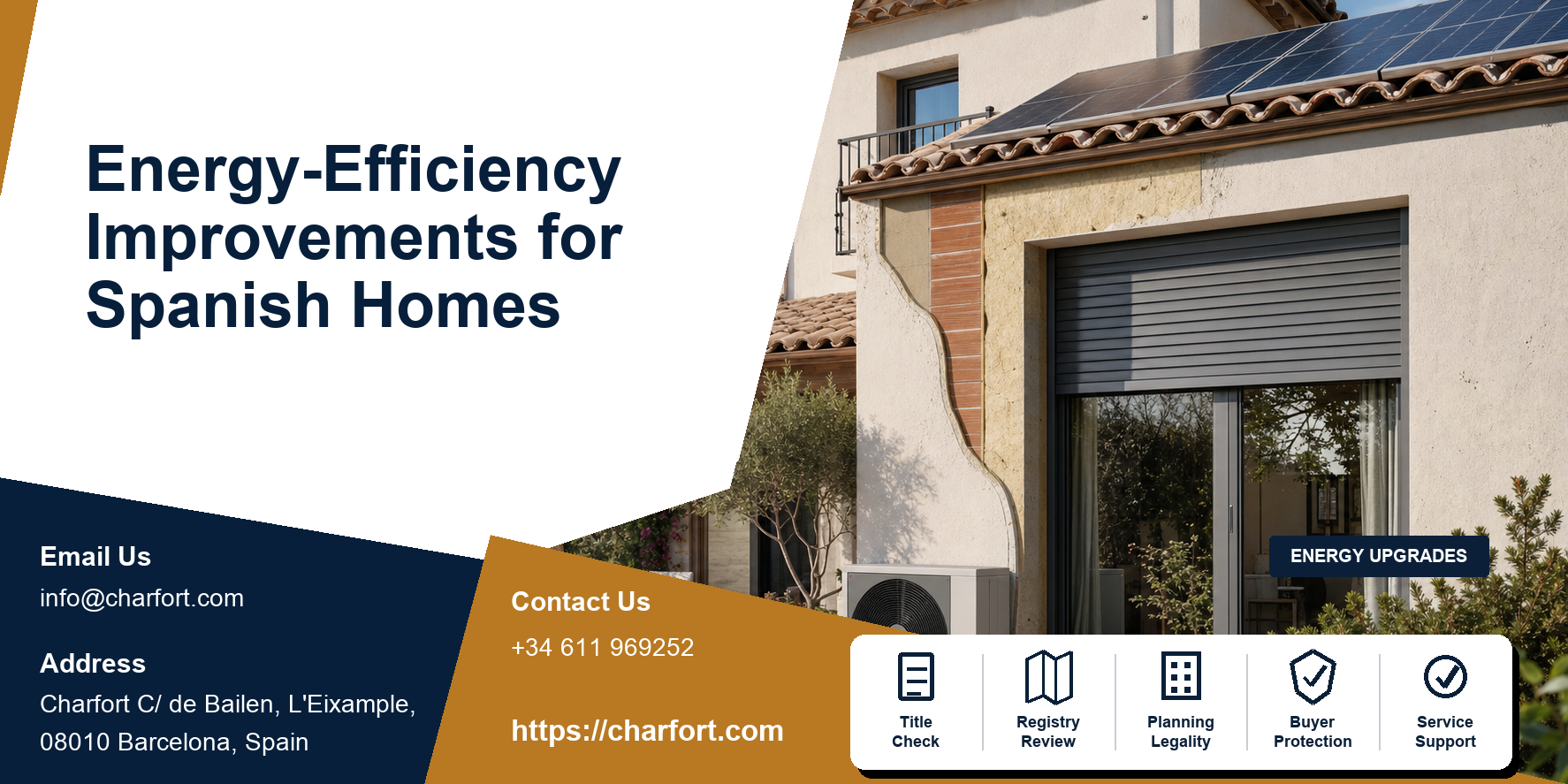 Spanish home energy upgrade with insulation, efficient windows, heat pump, solar panel and energy assessment