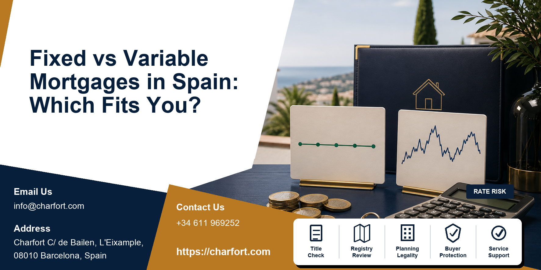 Fixed versus variable mortgages in Spain featured image with two loan options, Spanish home and interest chart