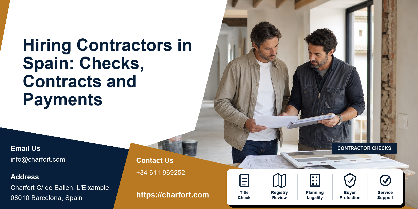 Spanish renovation contractor meeting with owner checklist, comparable quotes, contract, invoices and staged payment board