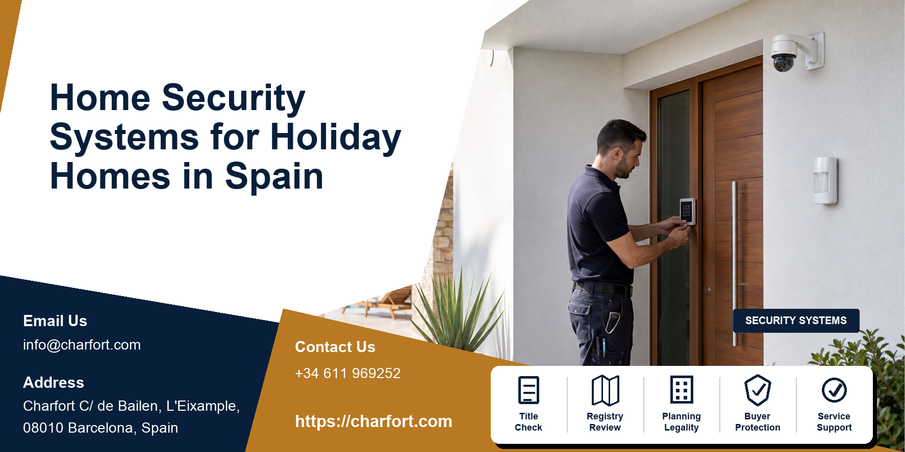 Holiday home security systems Spain featured image with alarm panel, smart lock, camera, shutters and Mediterranean villa