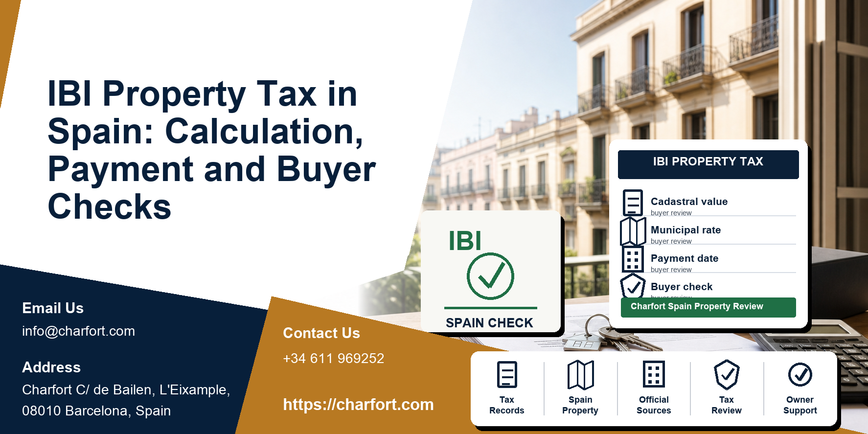 IBI Property Tax in Spain: Calculation, Payment and Buyer Checks featured image with Spanish property documents and Barcelona residential background