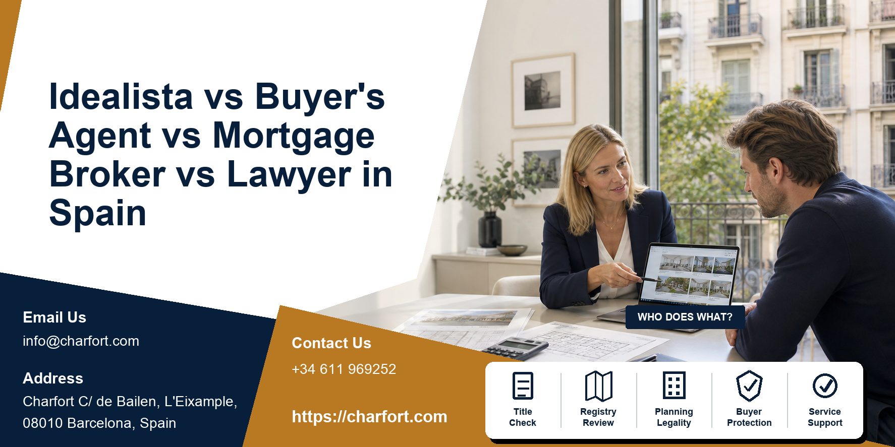 Idealista, buyer's agent, mortgage broker and property lawyer roles compared in Spain