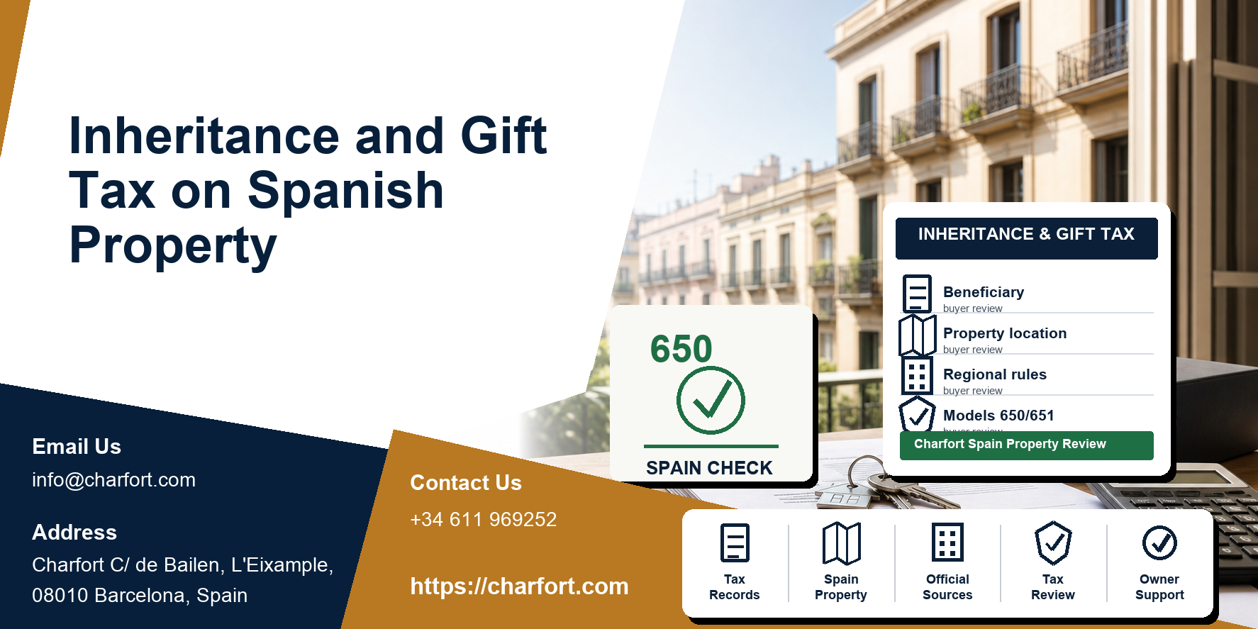 Inheritance and Gift Tax on Spanish Property featured image with Spanish property documents and Barcelona residential background