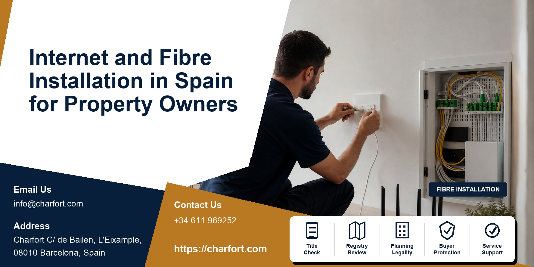 Internet and fibre Spain featured image with fibre outlet, router, installer, apartment building and remote monitoring