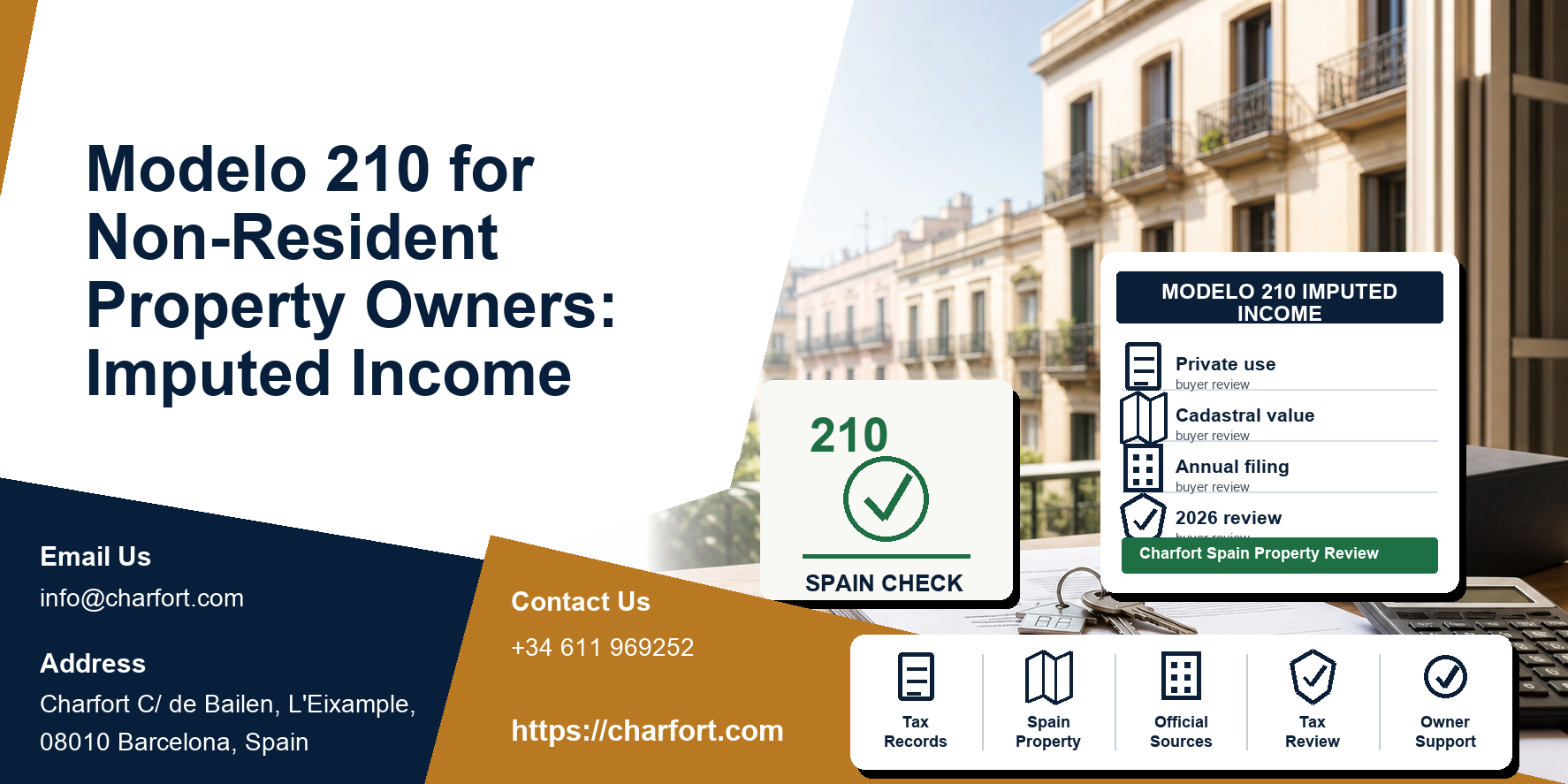 Modelo 210 for Non-Resident Property Owners: Imputed Income featured image with Spanish property documents and Barcelona residential background