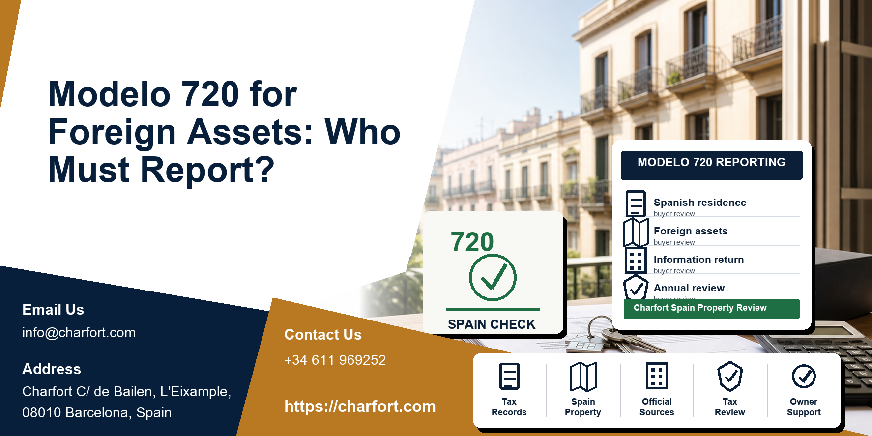 Modelo 720 for Foreign Assets: Who Must Report? featured image with Spanish property documents and Barcelona residential background