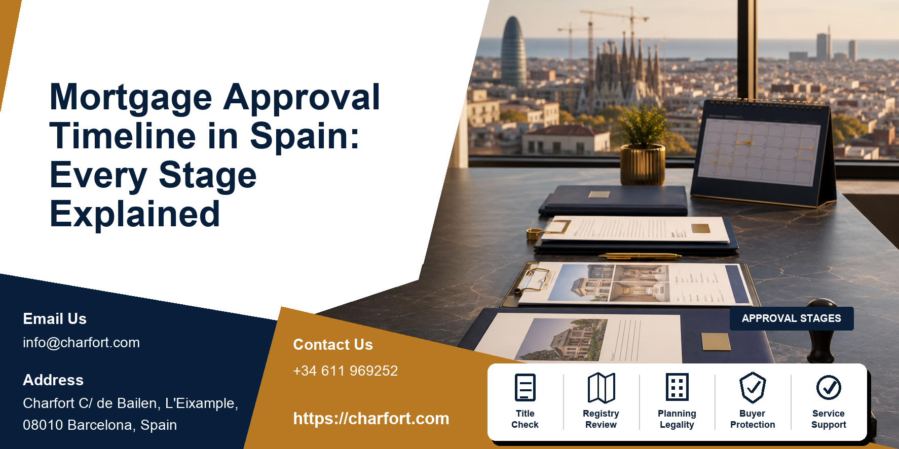 Spanish mortgage approval timeline featured image with calendar, valuation, FEIN documents, notary and property keys