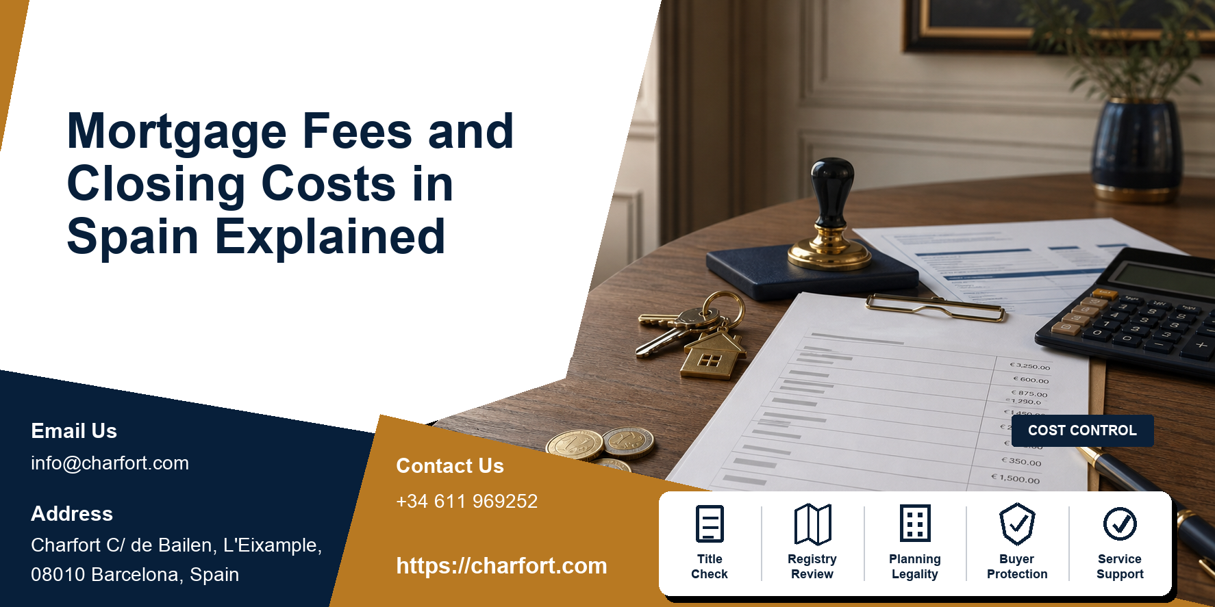 Spanish mortgage fees featured image with property closing statement, calculator, euro amounts and house keys