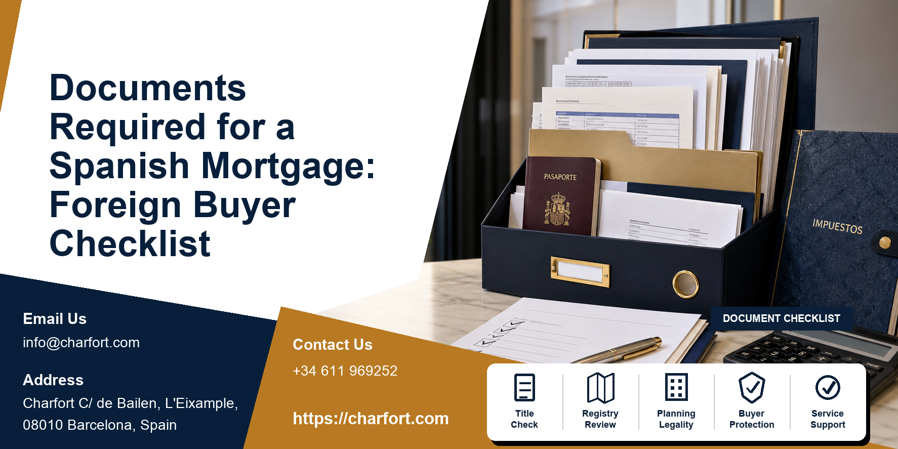 Spanish mortgage document checklist featured image with organised financial papers, passport, Spanish property and lender file