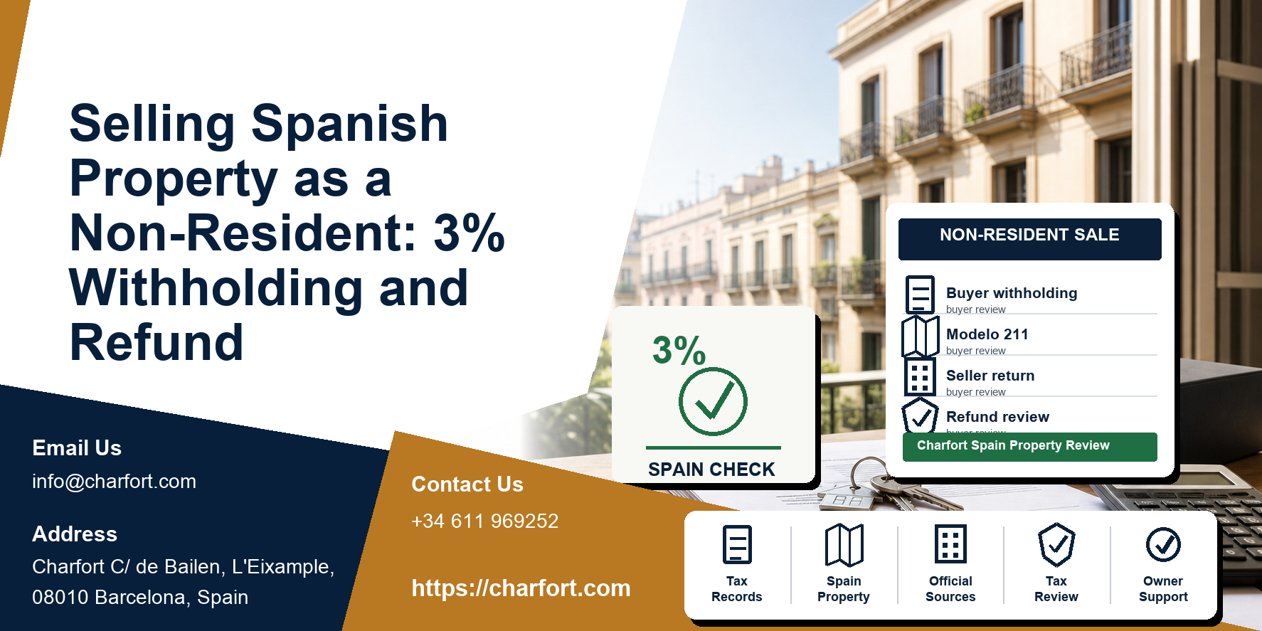 Selling Spanish Property as a Non-Resident: 3% Withholding and Refund featured image with Spanish property documents and Barcelona residential background