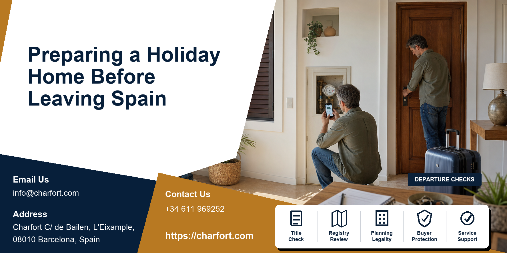 Preparing holiday home before leaving Spain featured image with departure checklist, shut-off valves, shutters and keys