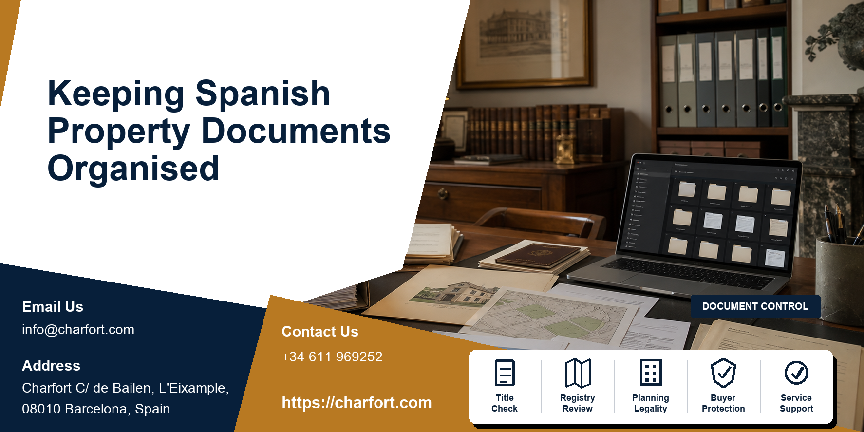 Organised Spanish property document archive with deed, Nota Simple, plans, insurance, invoices and secure digital index