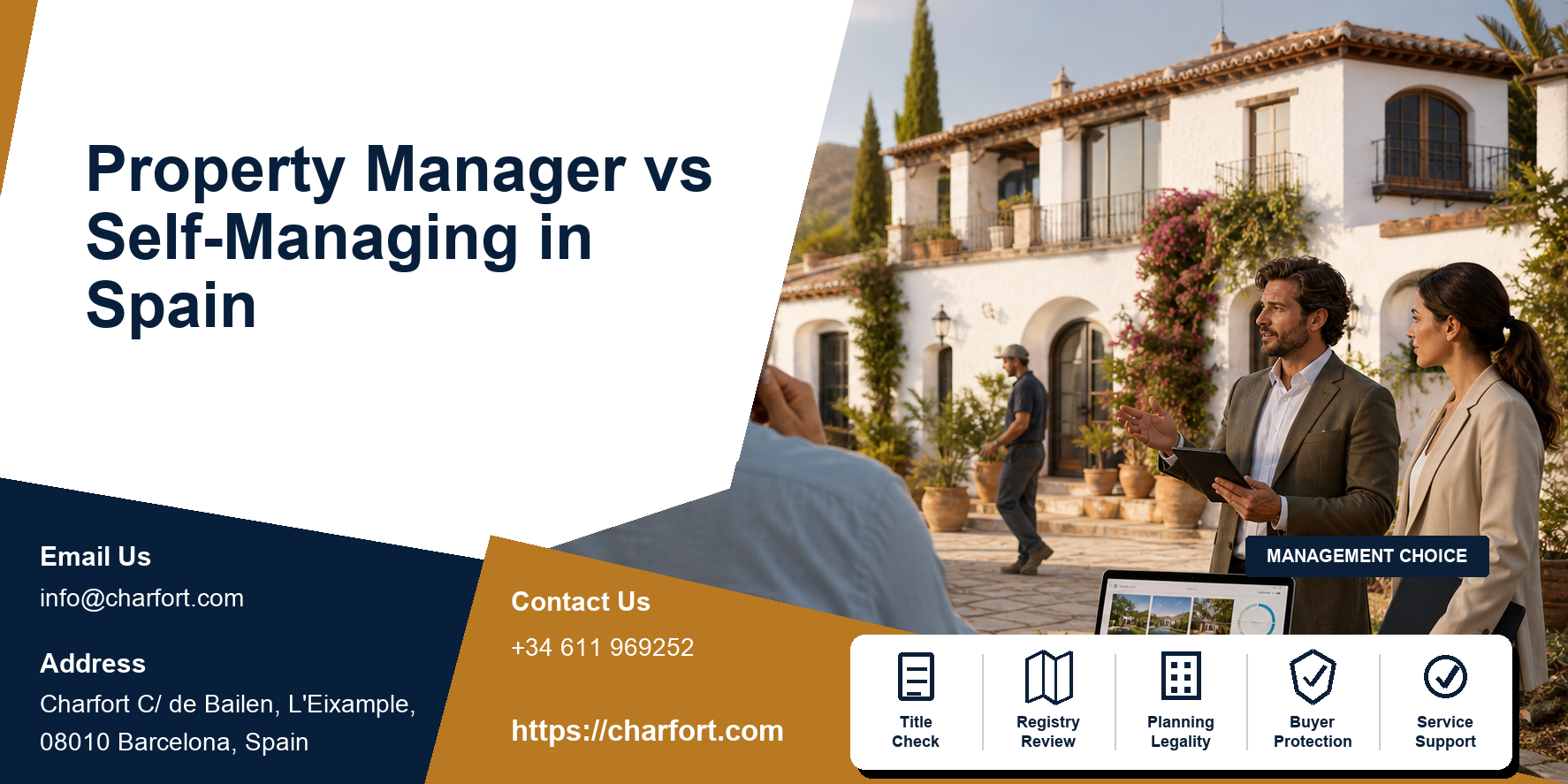 Spanish property owner comparing self-management checklist with professional property manager reporting dashboard