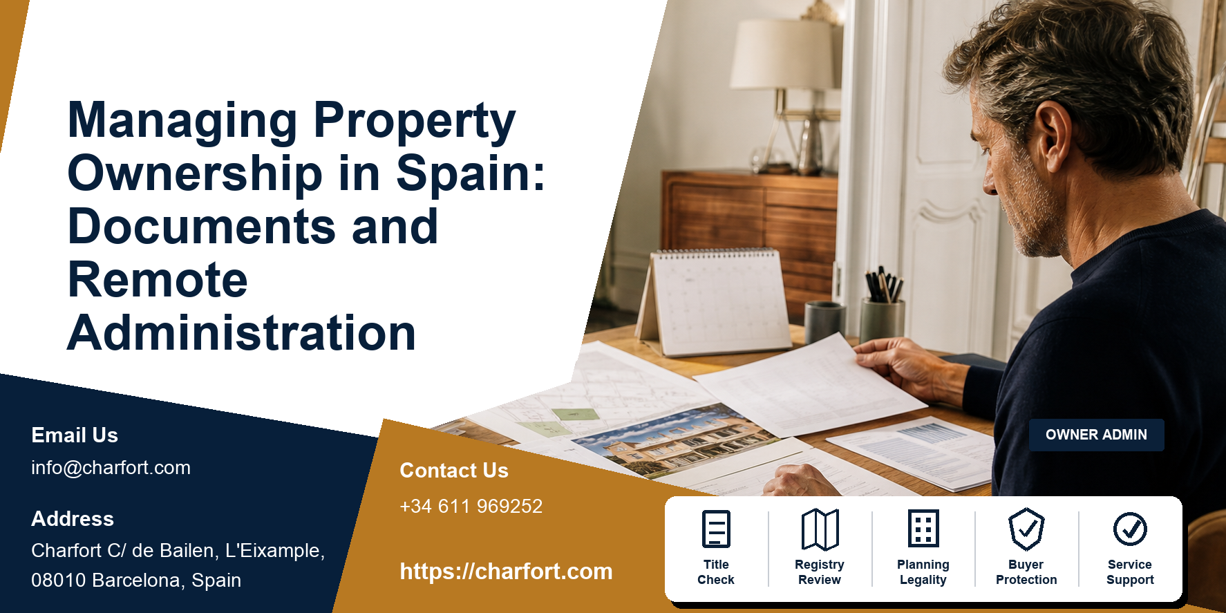 Foreign owner managing Spanish property documents, utility accounts, calendar, key register and local professional dashboard