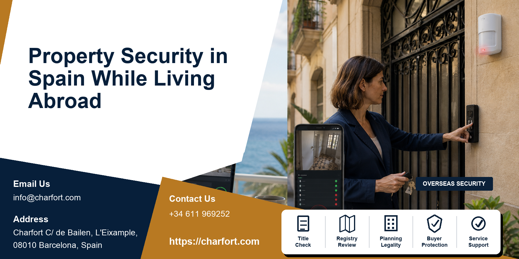 Overseas owner viewing secure Spanish property dashboard with keyholder, access log and verified alarm alert