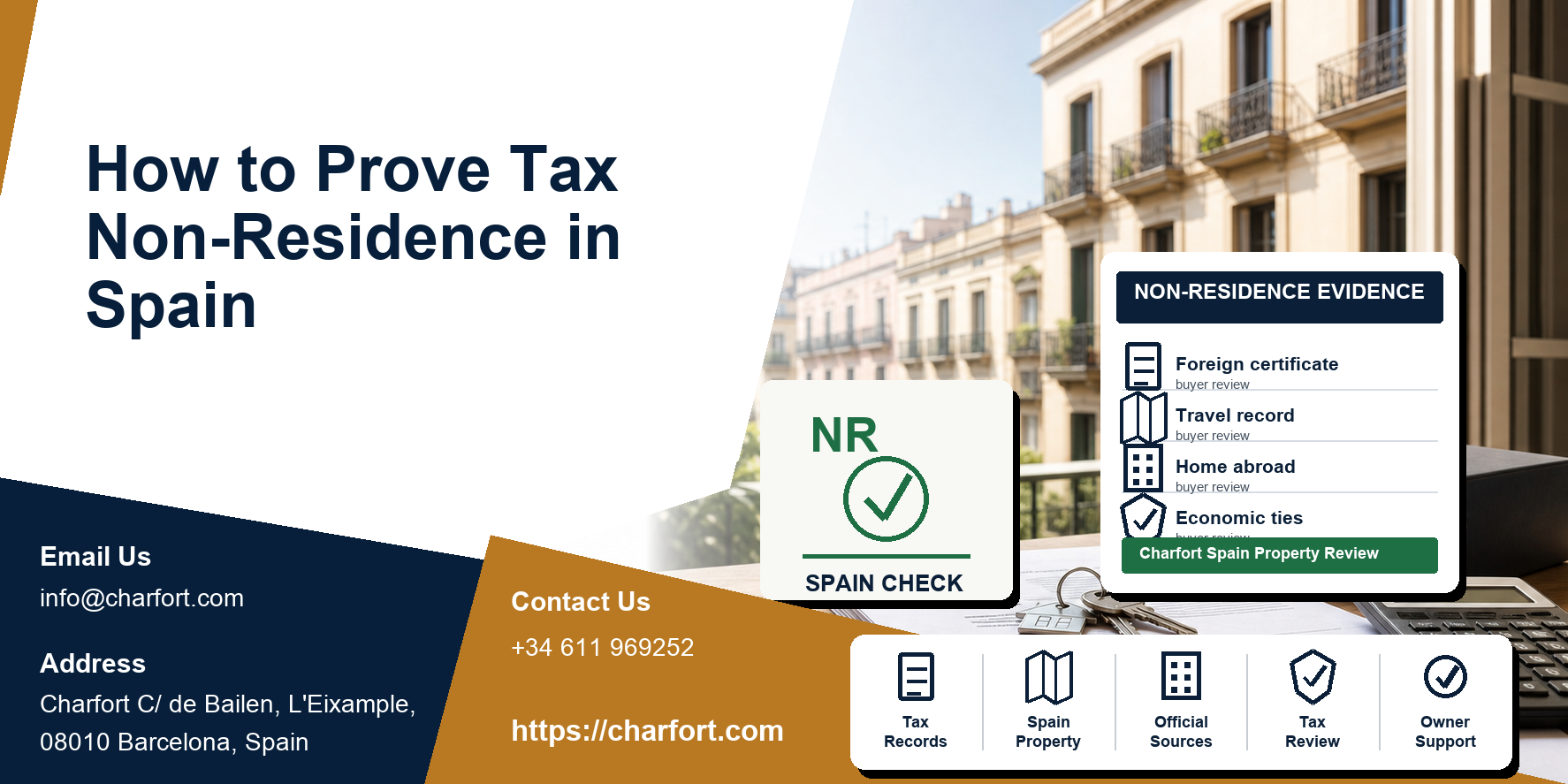 How to Prove Tax Non-Residence in Spain featured image with Spanish property documents and Barcelona residential background