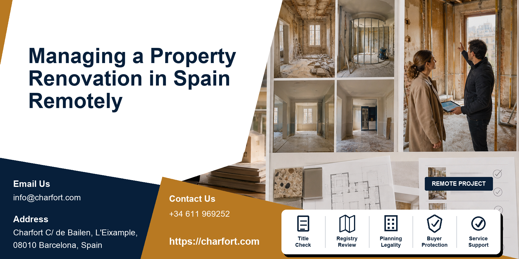 Overseas owner reviewing Spanish renovation video meeting, progress photos, variation log and milestone inspection