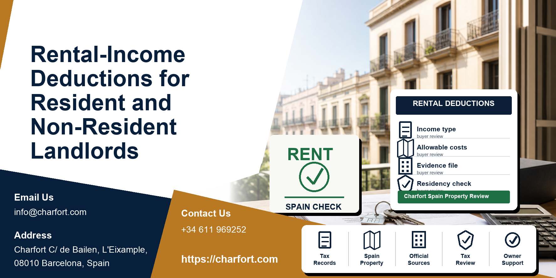 Rental-Income Deductions for Resident and Non-Resident Landlords featured image with Spanish property documents and Barcelona residential background