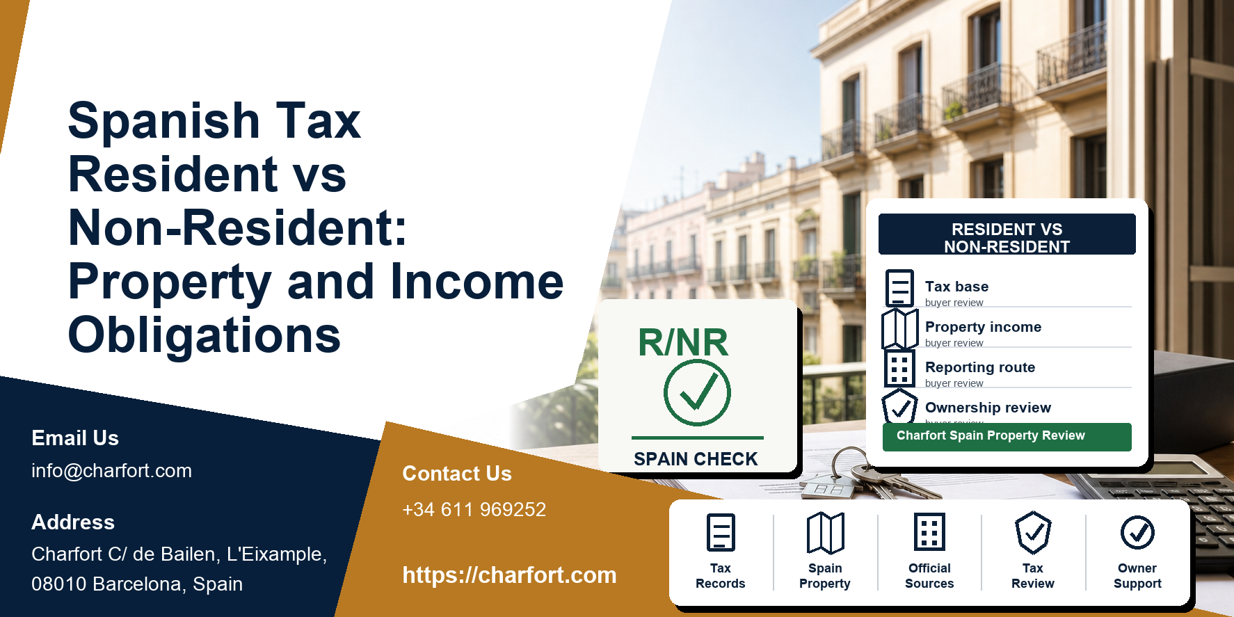 Spanish Tax Resident vs Non-Resident: Property and Income Obligations featured image with Spanish property documents and Barcelona residential background