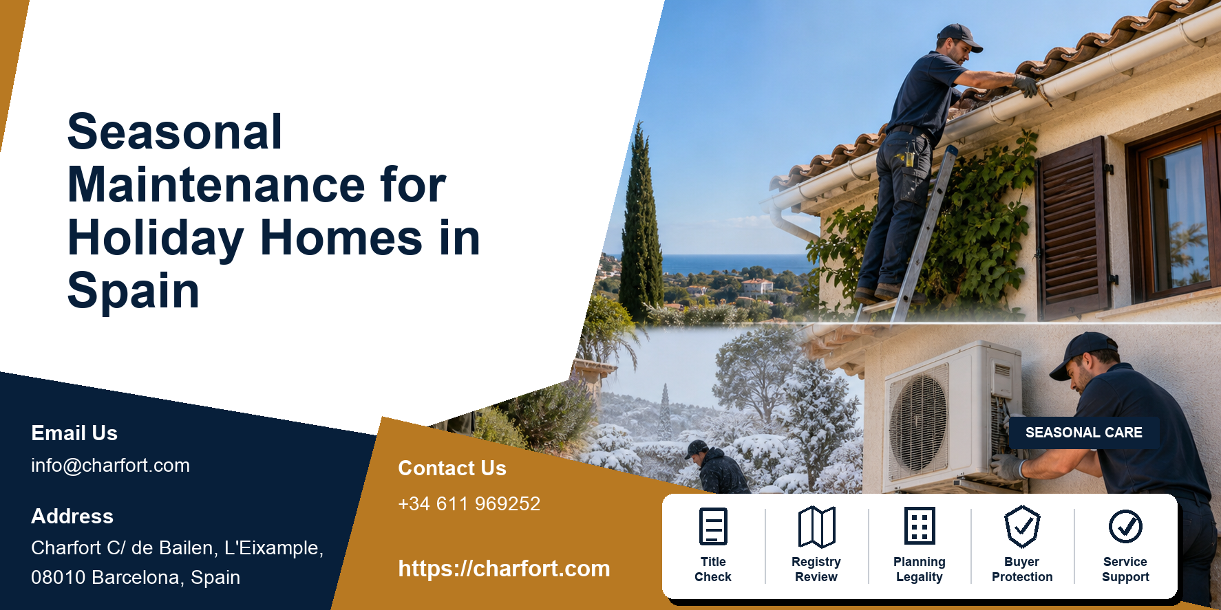 Seasonal maintenance Spain featured image with four seasons, holiday villa, shutters, drainage, pool and climate equipment