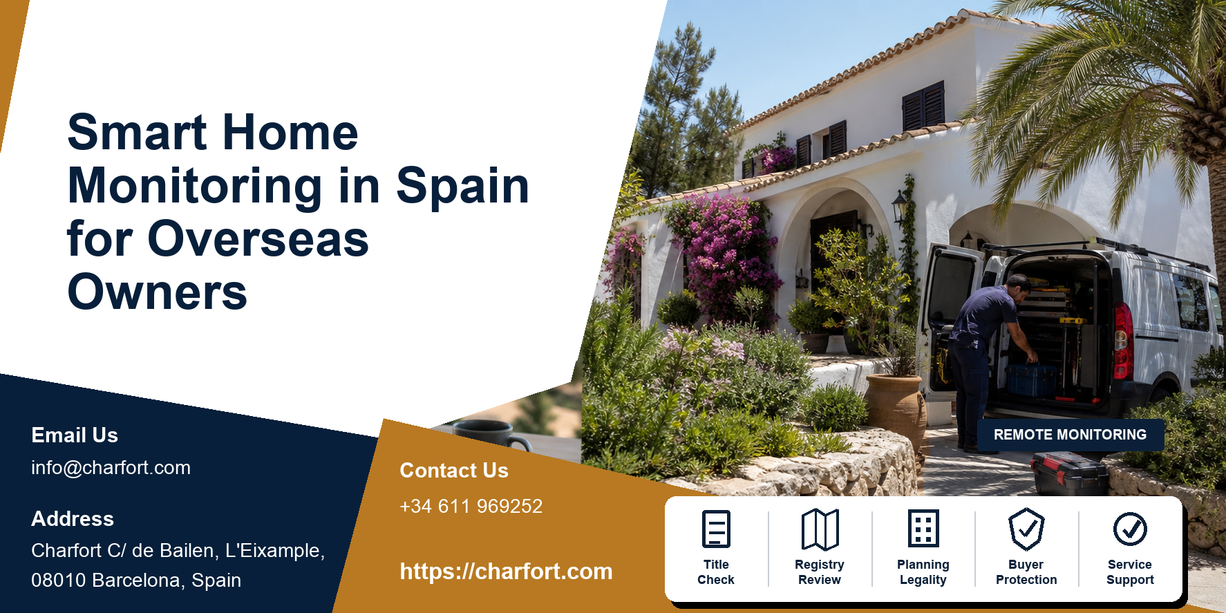 Smart home monitoring Spain featured image with leak, humidity, power and access sensors connected to overseas owner