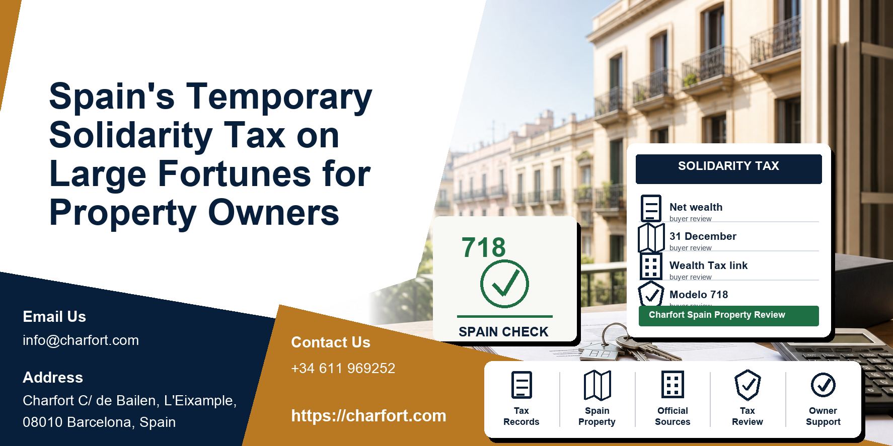 Spain's Temporary Solidarity Tax on Large Fortunes for Property Owners featured image with Spanish property documents and Barcelona residential background