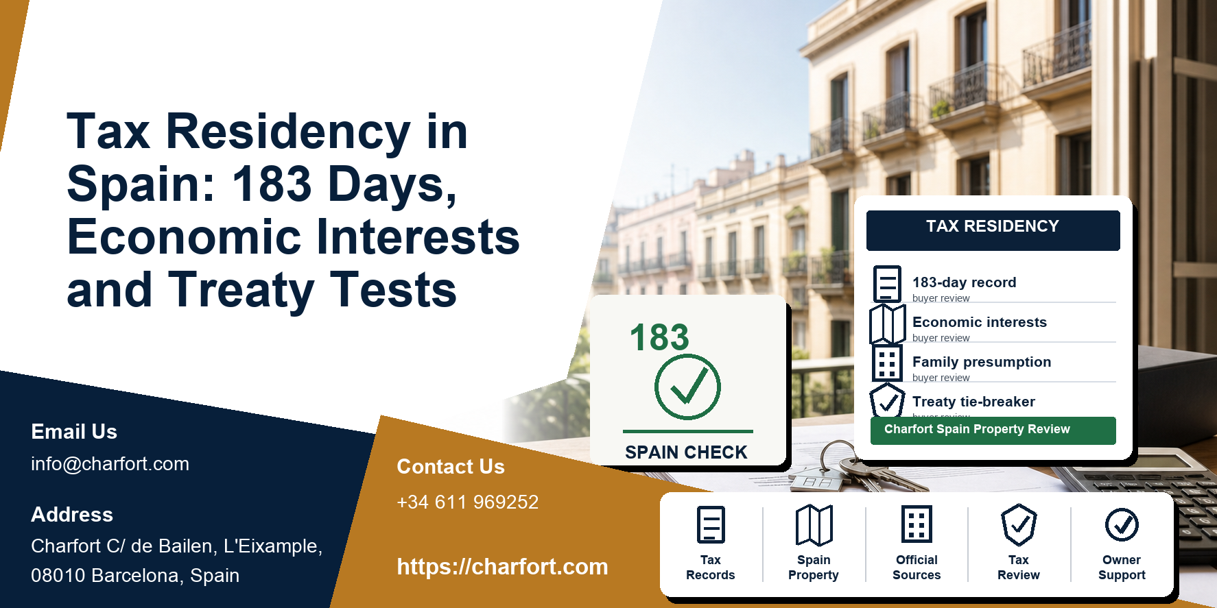 Tax Residency in Spain: 183 Days, Economic Interests and Treaty Tests featured image with Spanish property documents and Barcelona residential background