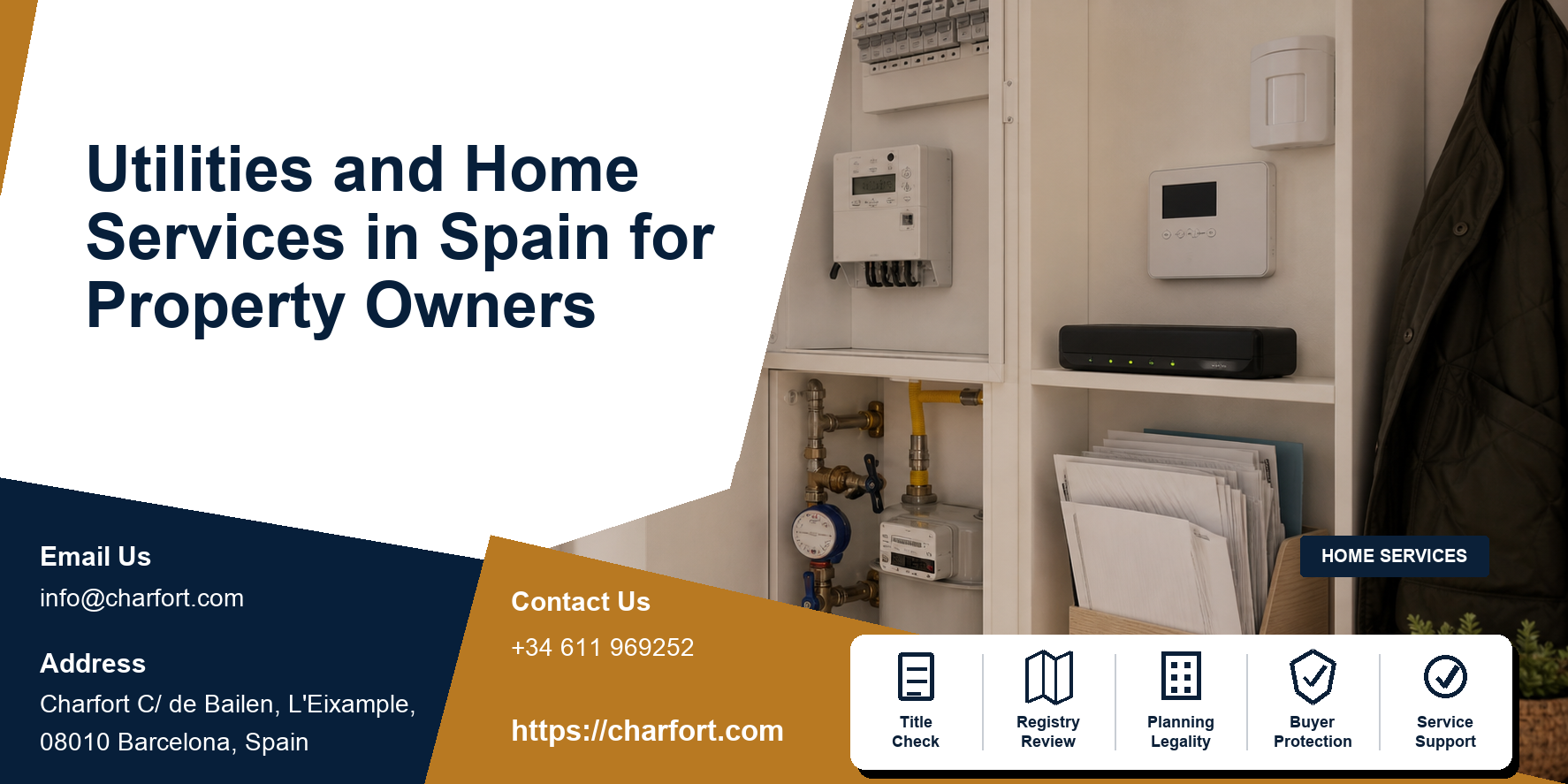 Utilities and home services Spain featured image with electricity, water, gas, fibre, alarm and smart-home dashboard